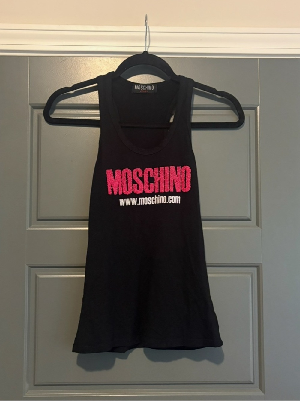 Moschino Jeans Logo Tank Top Black Pink Graphic Racerback Size 10